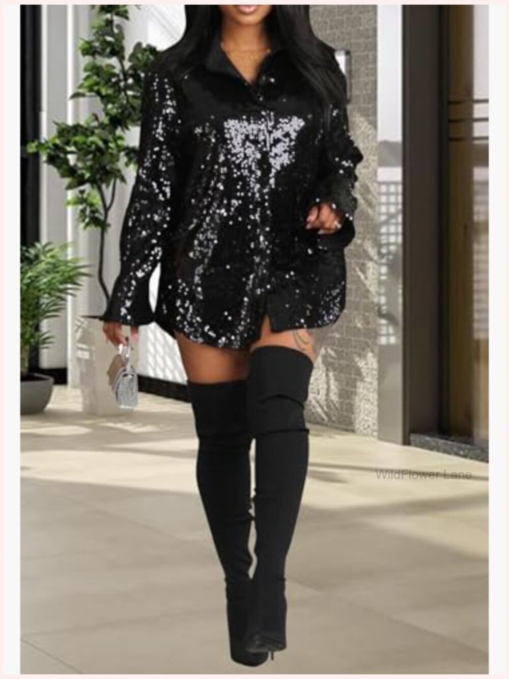Sequin Button Down Shirt Dress Long Sleeve Sparkly Glitter Blouse Mini Dress - Picture 4 of 6